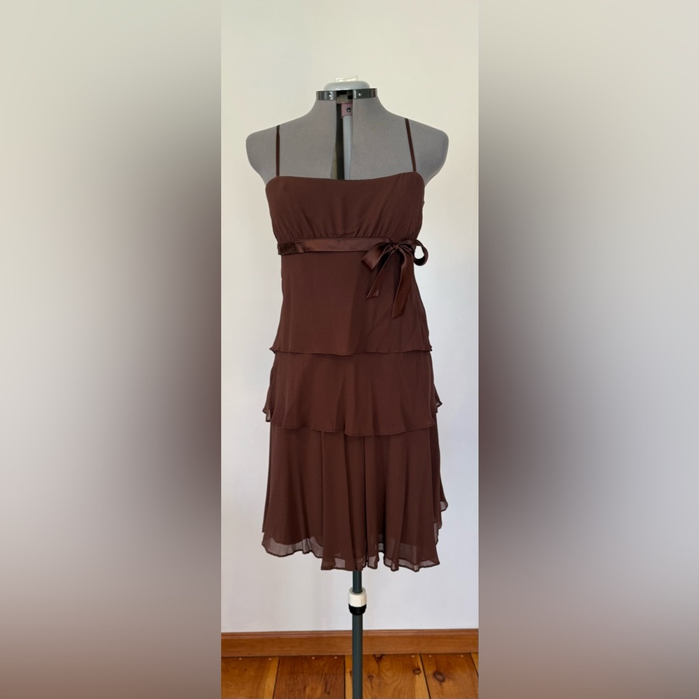 Brown Tiered Sundress with Bow and Spaghetti Straps. Size 12
